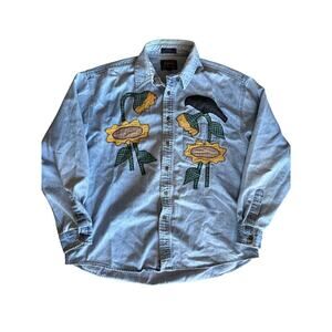 Hand Sewn Sunflower and Crow Artwork XL Aeropostale Denim Button Up